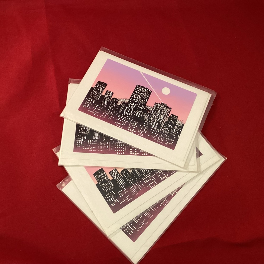 Four vintage NWT city view cards with matching envelopes